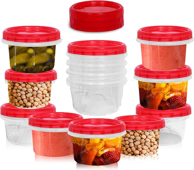 [Red - 12 Pk] Airtight Deli Containers with Lids Twist Lock Top Clear Food Storage for Meal Prep Snacks and Leftovers Freezer and Microwave Safe Stackable Leak-Resistant and 12 Pc. Set (16 Ounce)