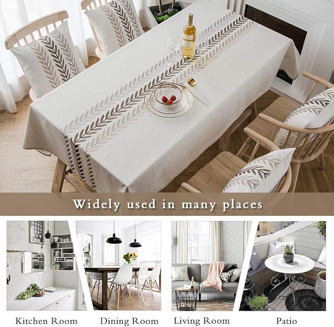 ColorBird Embroidery Leaf Tablecloth Heavy Weight Cotton Linen Fabric Dust-Proof Table Cover for Kitchen Dinning Tabletop Decoration (Rectangle/Oblong, 52 x 70 Inch, Linen)
