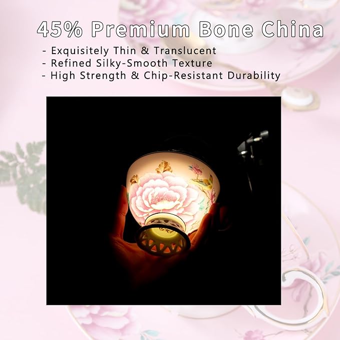 Bone China Cup & Saucer Set, Vintage Ceramic Coffee Cup with Gold Trim, Porcelain Floral Tea Cup with Saucer Spoon, Dishwasher Safe, Food Grade Coffee Mug for Tea Party, Gifts Giving, 6.8 oz