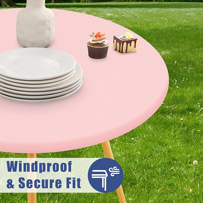 Round Spandex Valentines Day Tablecloth, Elastic Fitted Waterproof Tablecloths for 45"-56" Tables, Stretch Washable Picnic Table Cover for Camping, Dining, Indoor and Outdoor, Pink