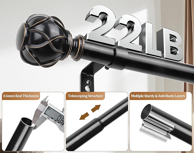 Black Curtain Rods 2 Pack, HOTOZON Curtain Rods for window 32 to 58 Inch, New Splicing Window Rods for Windows, 3/4 Inch Single Drapery Rod with Netted Finials