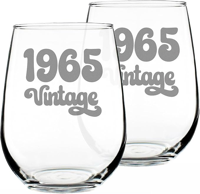 Bevvee Vintage 1965 Stemless Wine Glass - 61st Birthday Gifts for Women & Men Turning 61 - Bday Party Decor - Set of 2 - Large 17 oz