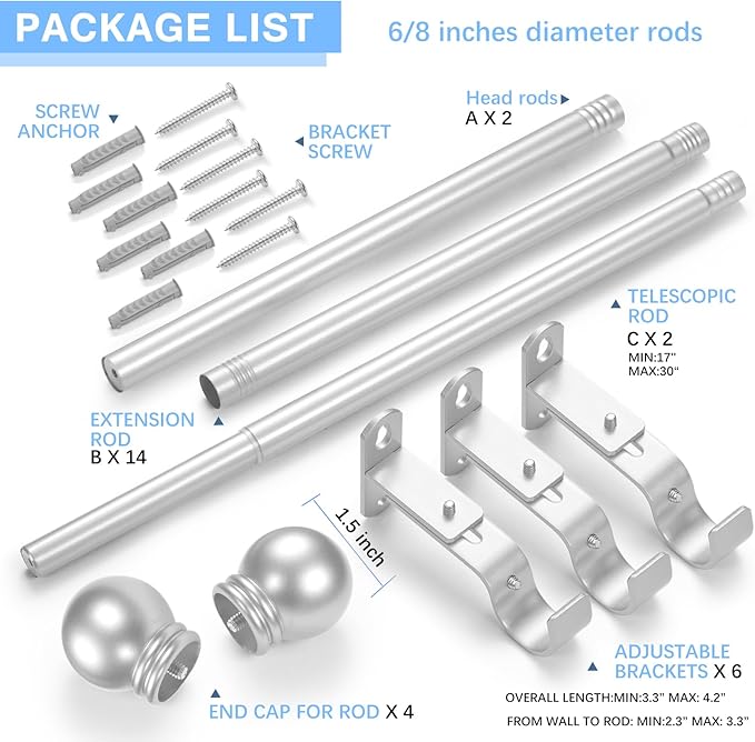 Curtain Rods for Windows 16 to 136 Inches, Curtain Rod Max Adjustable Length of 144 IN, 6/8" Diameter Drapery Rods Round Finials, Satin Silver, Pack of 2
