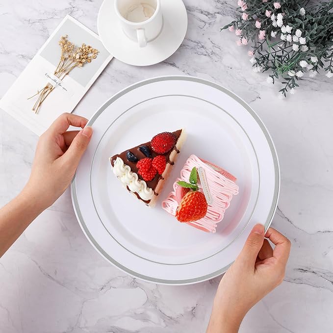 BESTVIP 100PCS Silver Plastic Plates, Disposable Party Plates with 50 Dinner Plate and 50 Dessert Plate for Party, Wedding and Birthday