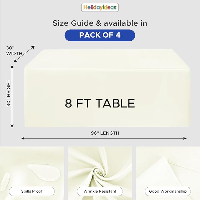 HolidayIdeas Fitted Tablecloths for 8 Foot Rectangle Table, Wrinkle Resistant Washable Table Cover 30x96 Inch for Vendor Booth Display, Banquet, Trade Show, Beige, 4 Pcs