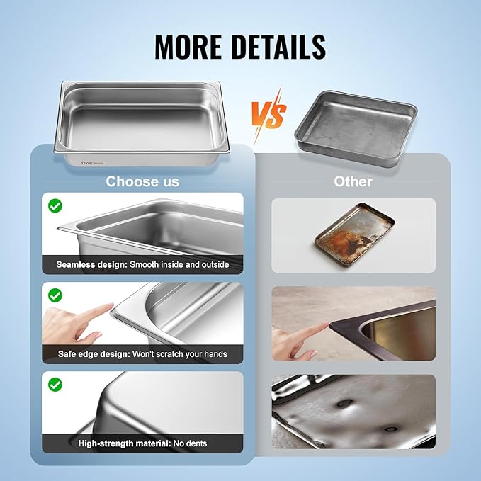 VEVOR 6 Pack Stainless Steel Hotel Pans,Full Size 4 Inch Deep 0.8mm Thick Anti-Jam Commercial Food Pans for Steam Tables, Restaurants, Catering & Industrial Use