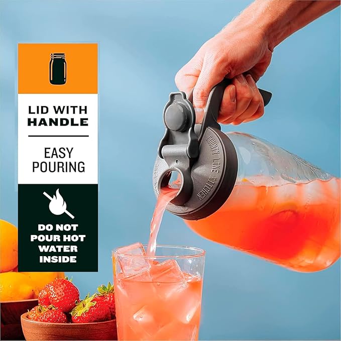 County Line Kitchen Glass Mason Jar Pitcher with Lid - Wide Mouth, 2 Quart (64 oz) - Heavy Duty, Leak Proof - Sun & Iced Tea Pitcher, Cold Brew Coffee, Breast Milk Storage, Water - Black
