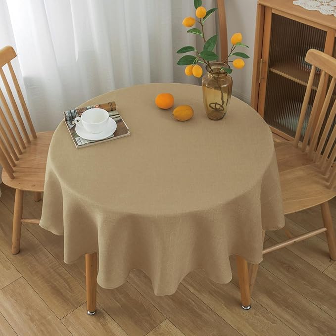 NLMUVW Round Linen Tablecloth 48 Inch, Tan Table Cloth Farmhouse Water Resistant Decorative Table Cover for Dining Kitchen Cafe Party