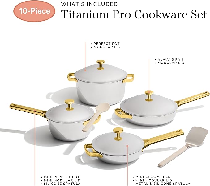 Our Place Titanium Pro Cookware Set | 10-Piece Pots and Pans Set with Always Pan Pro, Perfect Pot Pro & Minis | Non-Toxic No-Coating Nonstick | Induction & Oven-Safe up to 750°F | Gold