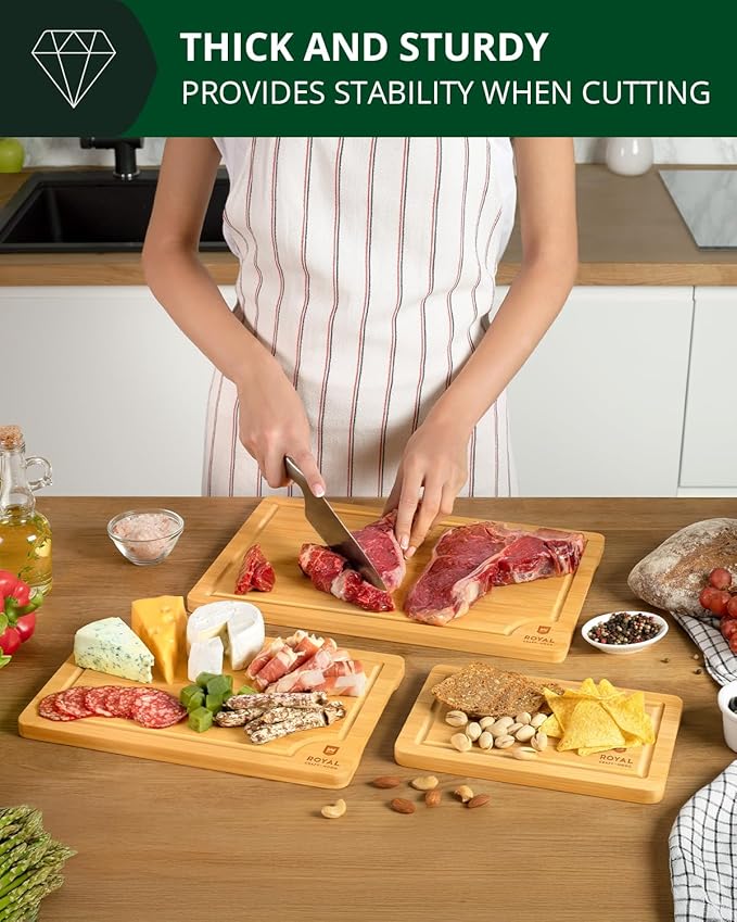 ROYAL CRAFT WOOD Premium Cutting Board Set – Non Toxic Bamboo & Wooden Cutting Boards for Kitchen Meal Prep, Durable Butcher Block for Meat with Side Handles, Deep Juice Groove, Charcuterie & Chopping