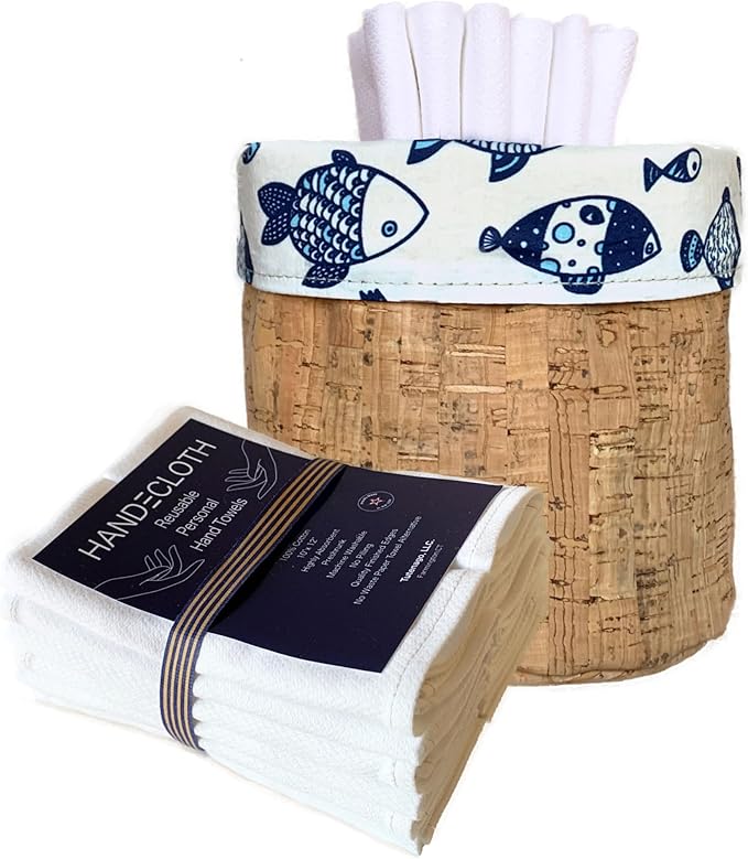 Reusable Paper Towel Set/Towels & Cork Fabric Basket/American Made/Machine Washable/Absorbent and Durable Edges and No Pilling/Reversible (Fish & Cork Basket. 24 Cloths)