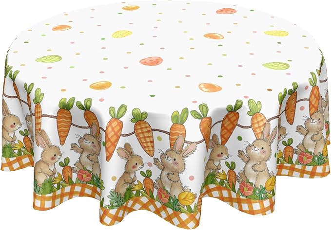 Easter Round Tablecloth 70 Inch Easter Bunny Carrot Egg Orange Buffalo Plaid Circle Table Cloth Seasonal Holiday Rustic Table Cover for Party Kitchen Dinner Home Decor