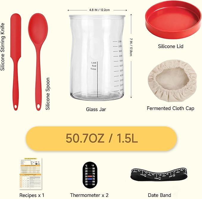 Pro Sourdough Starter Kit- 50oz Large Capacity Sourdough Starter Jar, 17 Flavorful Fermentation Recipes, Sourdough Bread Baking Supplies for Making Delicious Sourdough Breads(Red, 1Set)