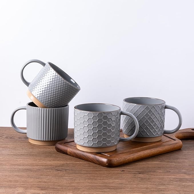 GBhome 15OZ Stackable Coffee Mugs, Ceramic Coffee Mugs with Texture Patterns for Man,Woman,Dad,Mom, Modern Coffee Cups Set of 4 for Latte/Cappuccino/Cocoa. Dishwasher&Microwave Safe, Gray
