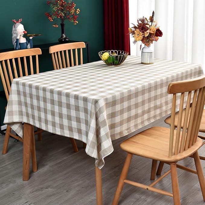 Gingham Table Cloth for Rectangle Tables Beige Checkered Plaid Tablecloth Heavy Duty Cotton Blend Washable & Wrinkle Table Cover for Outdoor Kitchen Dining Picnic Camping (60x102 Inch)