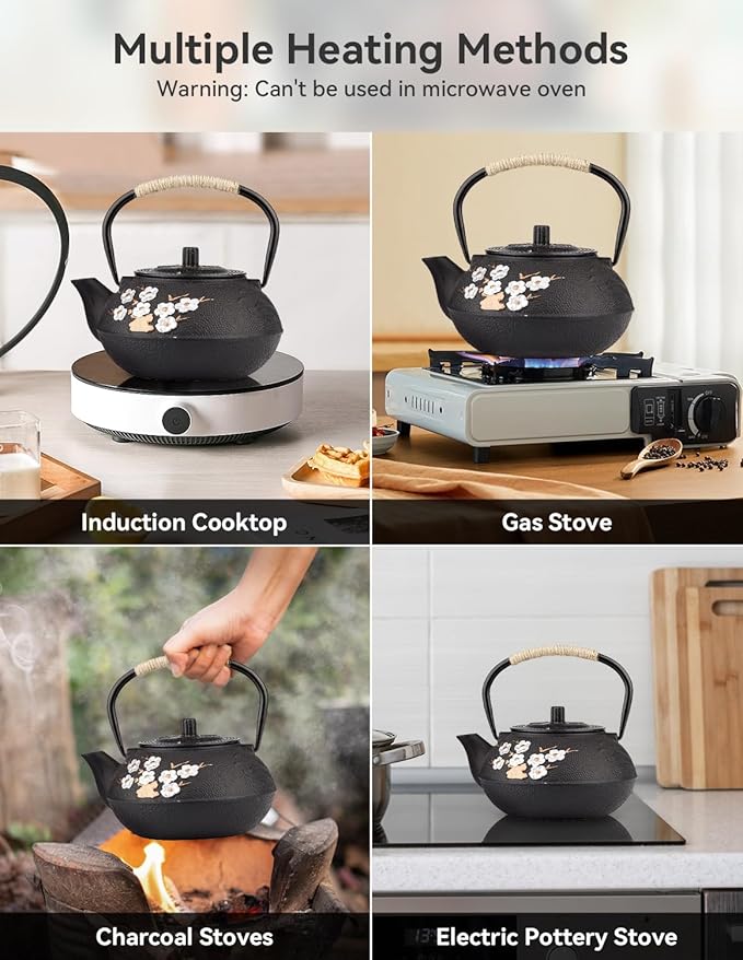 Japanese Cast Iron Teapot, Cast Iron Tea Kettle with Infuser, Plum Blossom Cast Iron Tea Pot for Stovetop Safe Coated with Enameled Interior 27.05oz/800ml