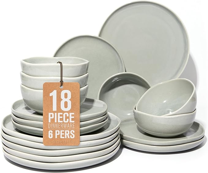 Dinnerware Sets for Family of 6, Ceramic Plates and Bowls Set, Kitchen Dish Set, Microwave & Dishwasher Safe Dishware, Highly Durable Reactive Glazed Dinner Set, Gray Green