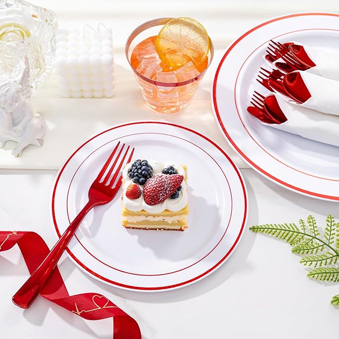 WELLIFE 350 Pcs Red Plastic Plates for 50 Guests - Plastic Dinnerware Set,Valentines Party Supplies Includes 100 Red Plates,150 Silverware,50 Napkins,50 Cups, Valentines Plates