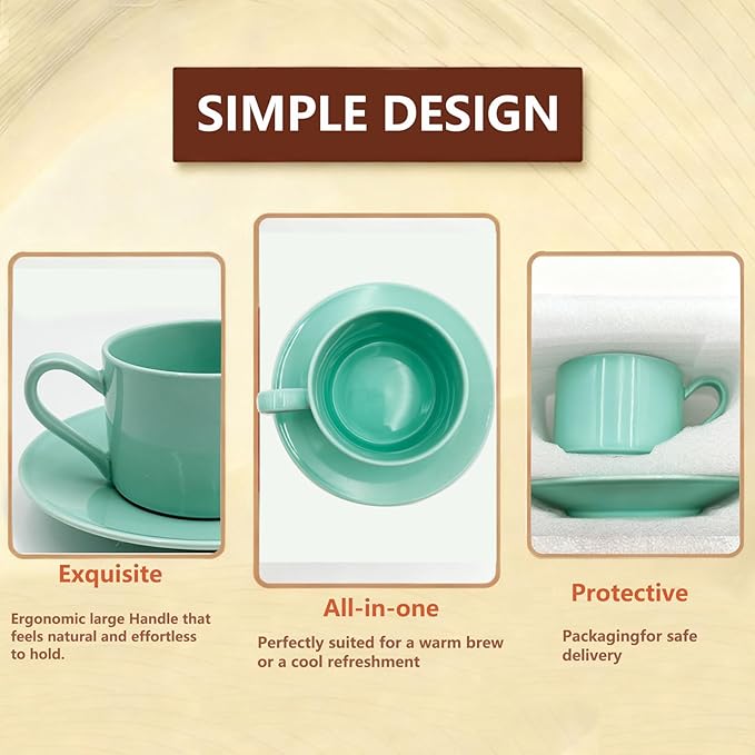 Porcelain 8oz Cappuccino Cup with Saucer -Ceramic Coffee Mug Perfect For Latte&Tea - Microwave and Dishwasher Safe -Tea Cup Sets for Gift,Afternoon Party,Mint Green