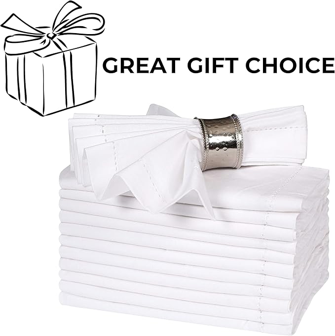 Homidate Cotton Cloth Dinner Napkins Set of 12 – 18x18 White with Hemstitched Mitered Corners – Machine Washable Fabric Napkins for Weddings, Dinner Parties & Table Decorations
