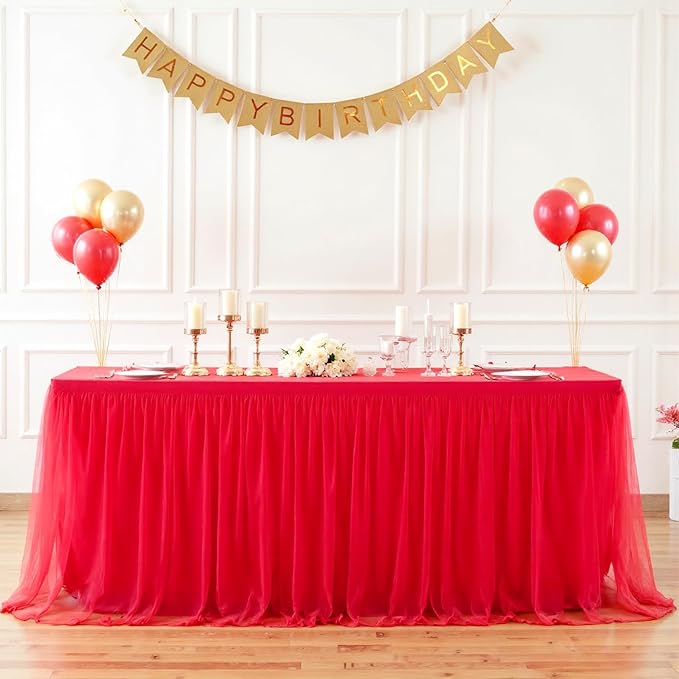 Suppromo Red Tulle Tablecloth for 4 Foot Rectangular Tables, 48 x 24 Inch White Rectangle Table Cloth, Wrinkle Free Table Cover with Tutu Skirt for Wedding Birthday Party Banquet Tablecover