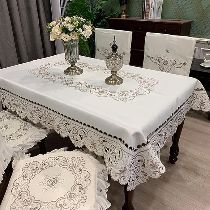 Sandweek Washable Flower Embroidered Lace Tablecloth Dust-Proof Table Cloths Rectangle Fabric Table Cover for Kitchen Dinner Picnic Outdoor and Indoor Home Decor (Oblong, 57 x 84 inch)