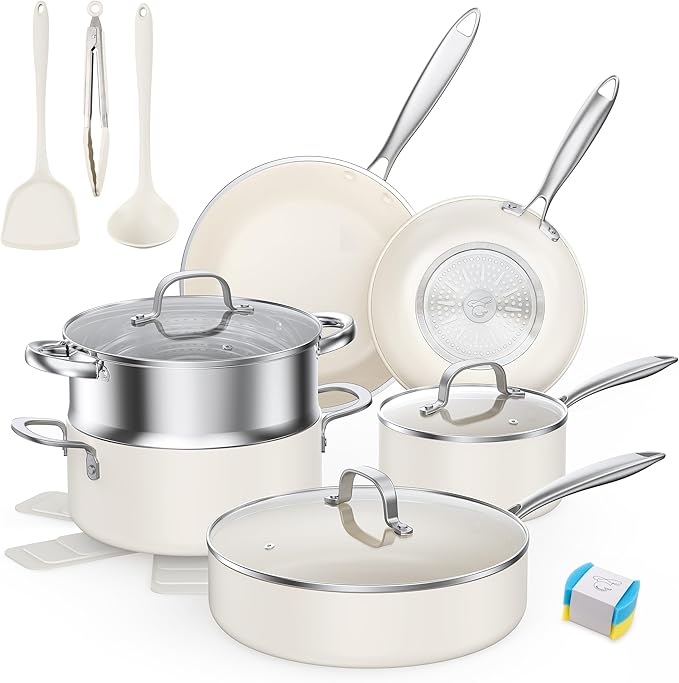 PekGema Ceramic Pots and Pans Set, 16 Pcs Cookware Set Non Toxic, Nonstick Kitchen Cookware, Oven Safe Cooking Pan Set, PFAS PTFE PFOA FREE, Cream White