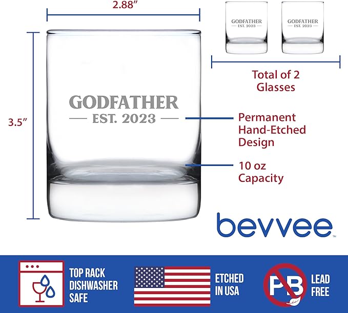 Bevvee Godfather Est 2023 - New Godfather Whiskey Rocks Glass Proposal Gift for First Time Godparents - Set of 2 - Bold 10.25 Oz Glasses