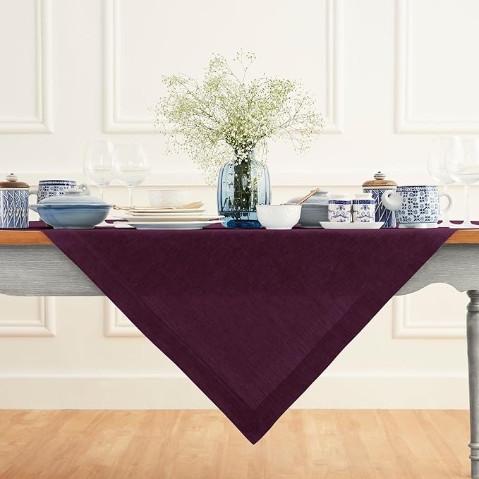 Solino Home Linen Tablecloth 52 x 52 Inch - 100% Pure Linen Square Table Throw - Athena, Machine Washable Chambray Burgundy Tablecloth for Valentines, Winter
