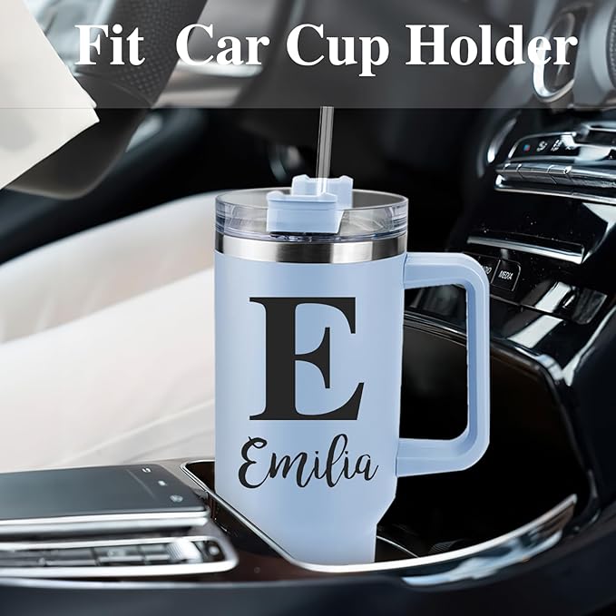 Personalized 40 Oz Tumbler with Handle and Straw, Custom Cup with Name & Birth Flower, Stainless Steel Travel Coffee Tumbler,Personalized Christmas Birthday Gifts for Women, Teen Girls