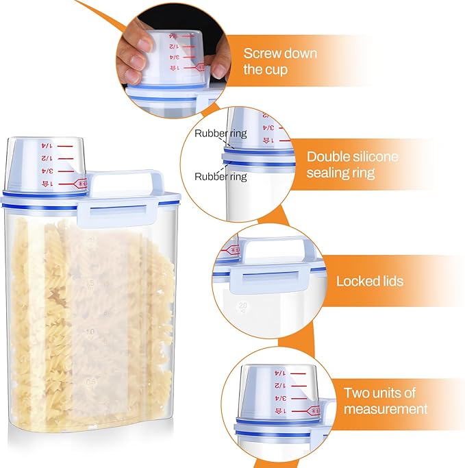 SHENLIU 4 Pcs 5.5 Lbs Rice Container Cereal Storage Container, Kitchen Pantry Dry Food Storage Holder Rice Dispenser with Easy-Pouring Spout & Handy Cup, Pet Dog Cat Food Dispenser for Daily Feeding