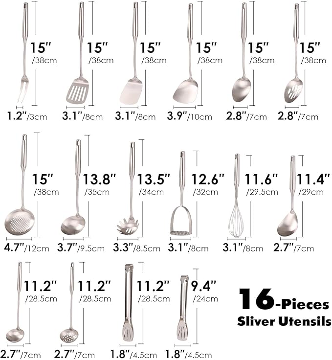 18/10 Stainless Steel Cooking Utensils Set - 16 PCS All Metal Small & Large Kitchen Spoons, Serving Utensils - Whisk, Masher, Fork, Tongs, Solid/Slotted Spoon, Spatula, Turner, Ladle, Skimmer, Pasta