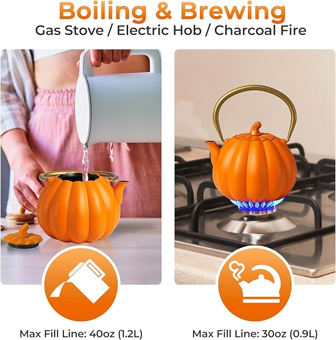 Orange Pumpkin Cast Iron Teapot with Infuser - 40oz Japanese Iron Tea Kettle with Enamel Interior, Cute Halloween Teapot for Loose Tea & Coffee, Stainless Steel Filter, Stove Safe (Orange)