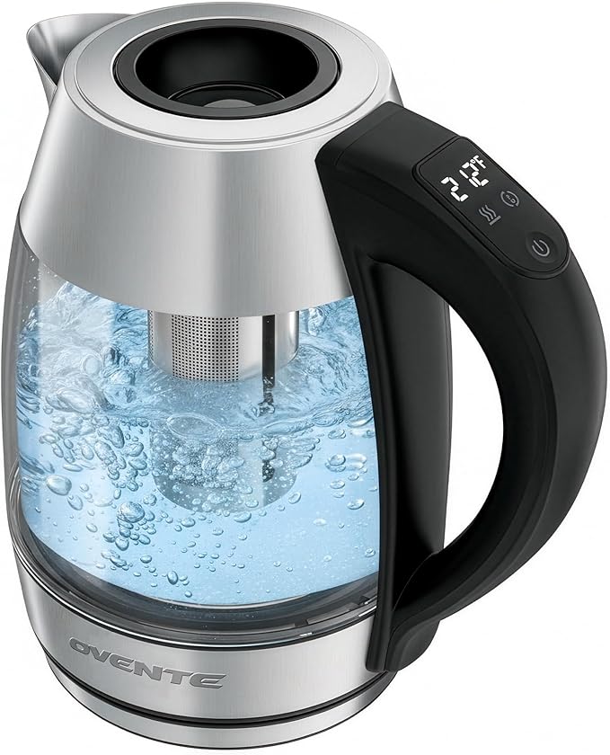 OVENTE Electric Tea Kettle with Temperature Control, Removable Tea Infuser, Easy to Fill Lid, Keep Warm Function, Auto Shut-Off, 1.7L Double Wall Borosilicate Glass, Stainless Steel Base, Silver KD68S