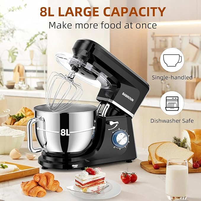 Dough Mixer 8.45 QT Electric Mixer - 660W 6 Speed Large Capacity Kitchen Stand Mixer with Whisk Dough Hook Mixing Beater Household Food Mixer for Baking Cakes Cookie Bread Salad(Black)