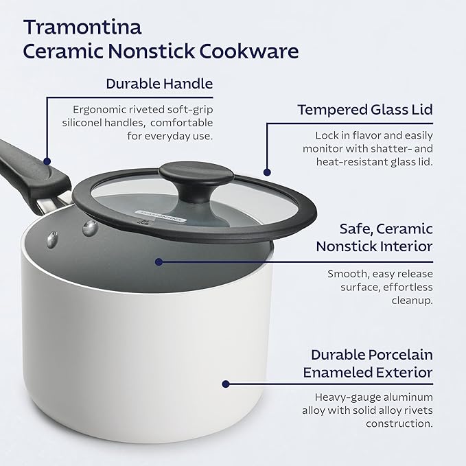 Tramontina Ceramic Non Stick 11-Piece Nesting Pots and Pans Set with Lids - Stackable Nonstick Cookware Set, Dishwasher and Oven Safe, White