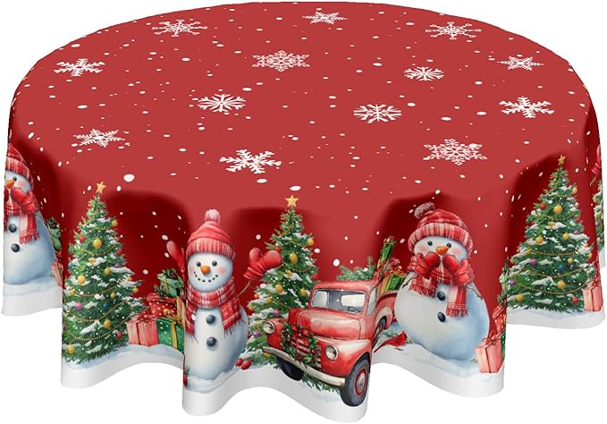 Round Christmas Tablecloth 60 Inch Xmas Red Snowman Truck Tree Snowflake Circle Table Cloth Winter Holiday Decorative Table Cover for Kitchen Dinner Home Decor