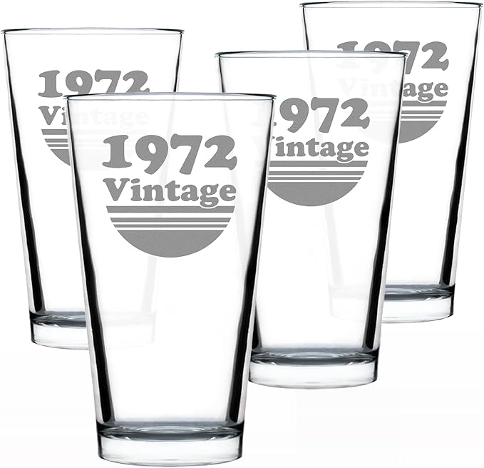 Bevvee Vintage 1972 Pint Glass for Beer - 54th Birthday Gifts for Men or Women Turning 54 - Fun Bday Party Decor - Set of 4-16 oz