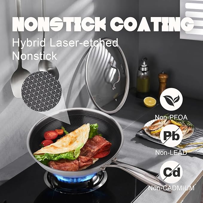 Hybrid Wok, 13 inch Wok with lid,Stainless Steel woks & Stir-fry pans Non Stick, PFOA Free Cookware, Dishwasher and Oven Safe, Compatible With Induction
