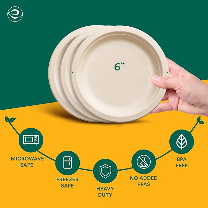 ECO SOUL Compostable Paper Plates 6 Inch (100 Count) Plates for Dessert, Heavy Duty, Eco-Friendly Sugarcane Bagasse Small Plates For Appetizer- Natural Brown