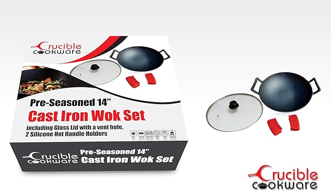 Crucible Cookware 14-Inch Cast Iron Wok Set (Pre-Seasoned), Glass Lid & Silicone Hot Handle Holders