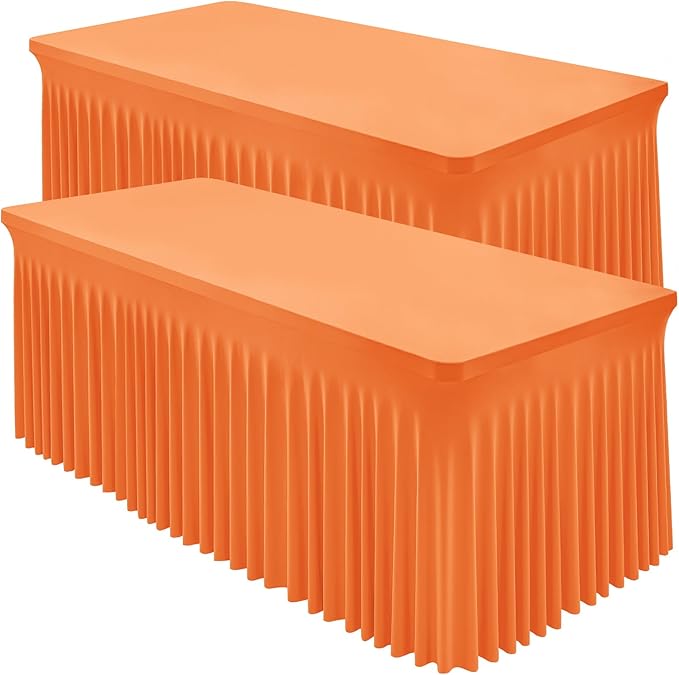 2 Packs Orange Spandex Tableclothes for 6 Foot Rectangle Table, Spandex Table Covers 6FT Stretch Table Skirts Rectangle Wrinkle Free Fitted Tablecover for Event, Wedding, Banquet & Parties