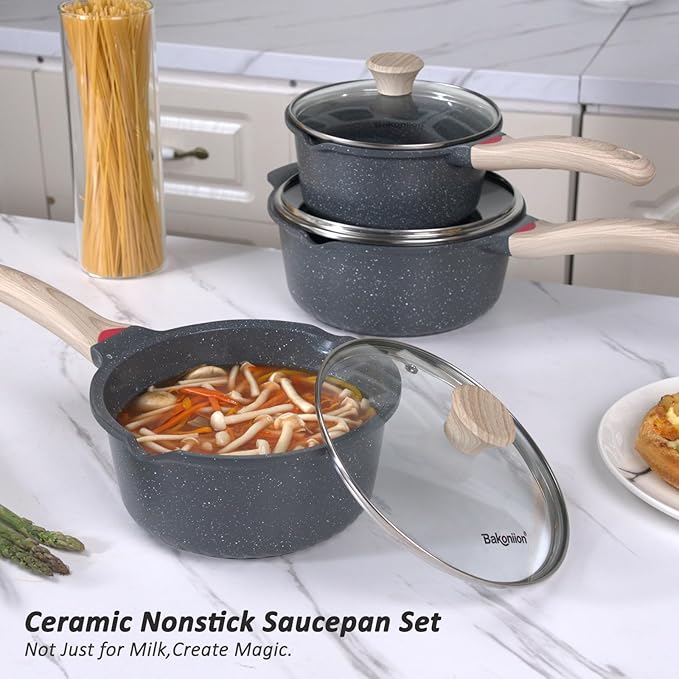 Ceramic Nonstick Saucepan Set 2QT,3QT and 4QT, Cast Aluminum Cooking Pots with Side Pour Spouts,Compatible with All Cooktops,Dishwasher Safe