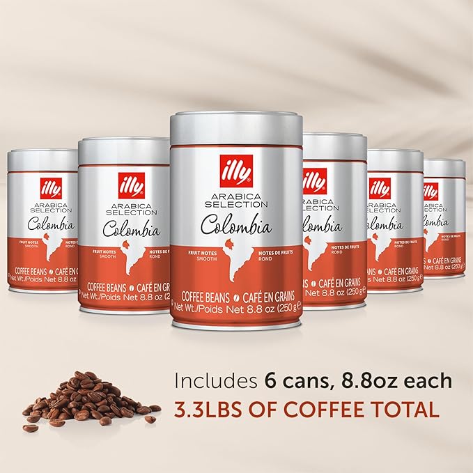 illy Whole Bean Coffee, Colombia Single Origin Medium Roast, 100% Arabica, Premium Italian Coffee, Ideal for Espresso, Drip, Moka and French Press Brewing, 8.8oz, 6 Pack