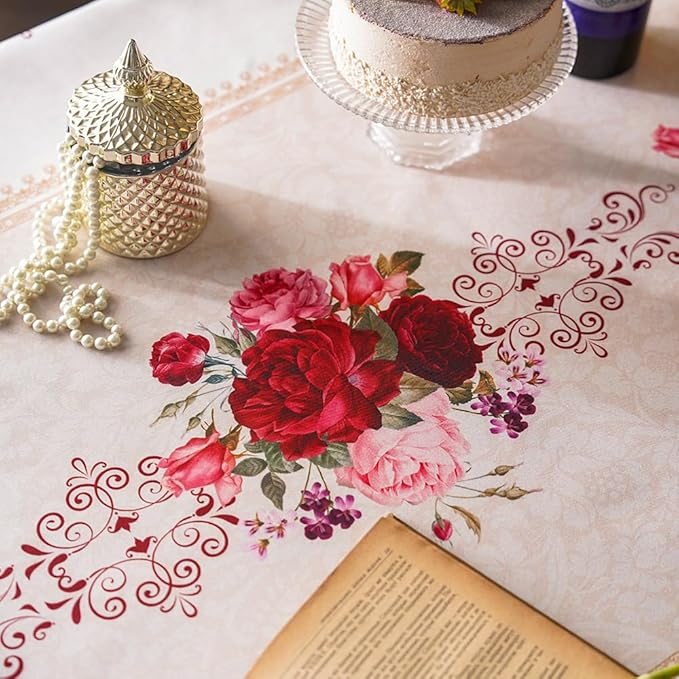 SUTAVIA Oval Lace Embroidered Table Cloth Farmhouse TableCover Classic Elegant Antique Flower Decor Macrame Tablecloth for Home Holiday Party Dining Table (Burgundy, Oval, 52"x70")