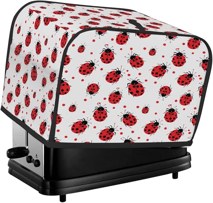 4 Slice Toaster Cover,Red Ladybug On White Small Kitchen Appliance Bread Machine Cover with Pockets,Dust & Fingerprint Protection