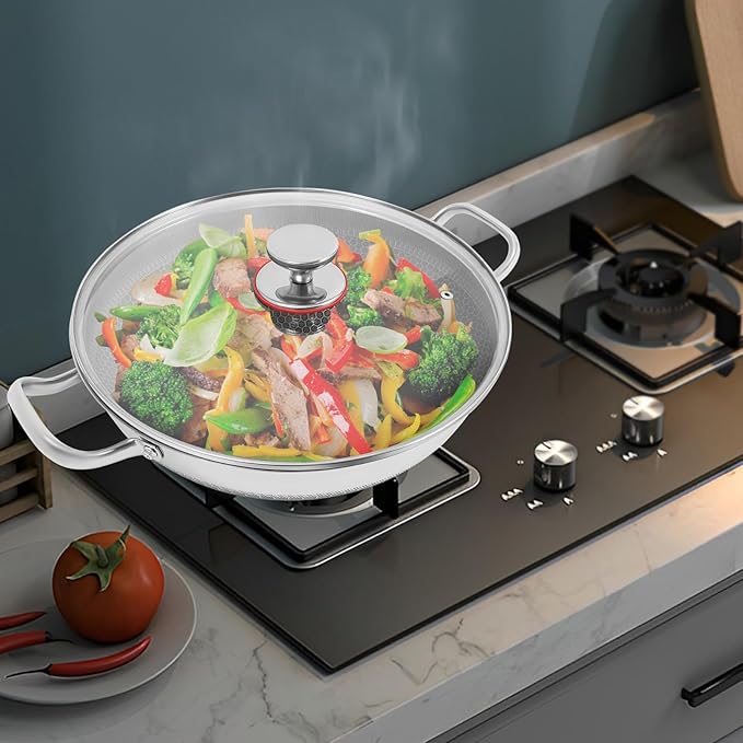 Wok Pan,Hybrid Wok with Lid,Non Stick Stainless Steel Woks & Stir-fry Pans Nonstick Frying Pan Dishwasher and Oven Safe, Works on Induction (13 inch)