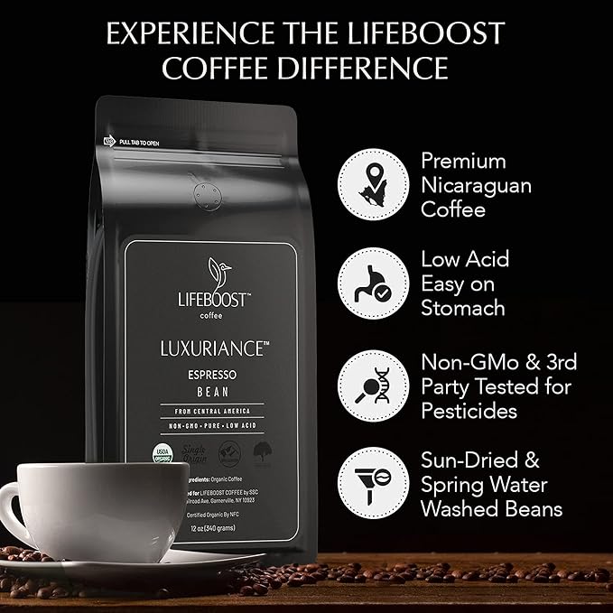 Lifeboost Organic Espresso Whole Bean Coffee - Low Acid Espresso Coffee, Non-GMO, USDA Organic, Single Origin, Third-Party Tested for Mycotoxins & Pesticides - 12 oz, Pack of 3