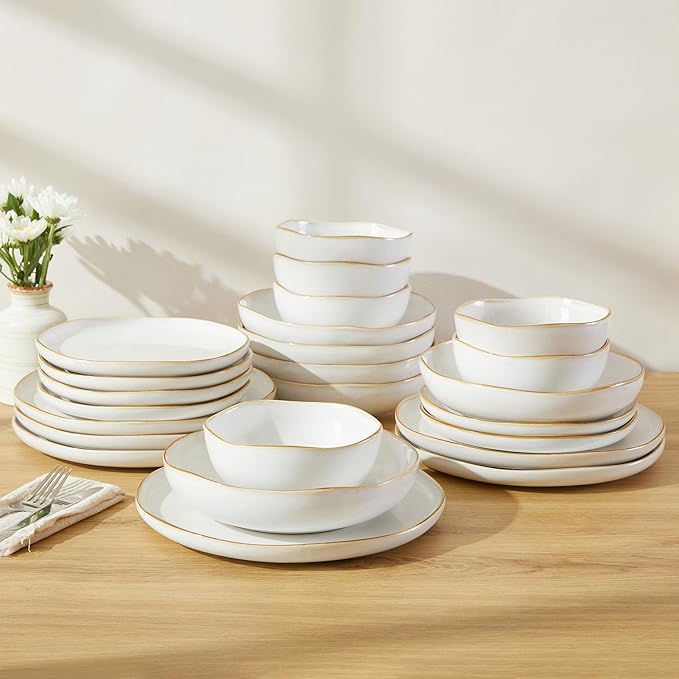 24 Pieces Dinnerware Set for 6 with Pasta Bowls, Complete Ceramic Dish Set, Stackable & Glossy Stoneware Plate and Bowl Set for Effortless Everyday Hosting, White