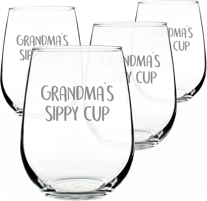 Bevvee Grandma's Sippy Cup - Stemless Wine Glass Gift for Grandmothers - Cute Birthday Glasses - Set of 4 - Large 17 Oz